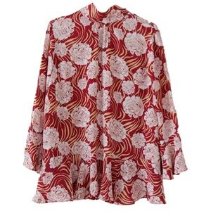 🌟BY TIMO🌟 FLORAL ZEBRA PRINT TIE NECK FLOUNCE SLEEVE BLOUSE RED SZ M